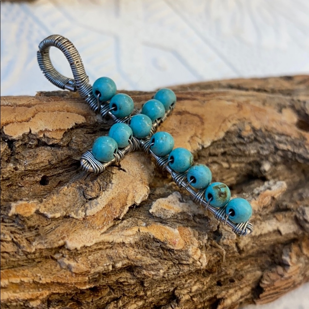 Turquoise , hand wired cross pendant